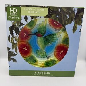 HD Designs Glass Handpainted  Bowl Hanging Birdbath Hummingbird & Flowers